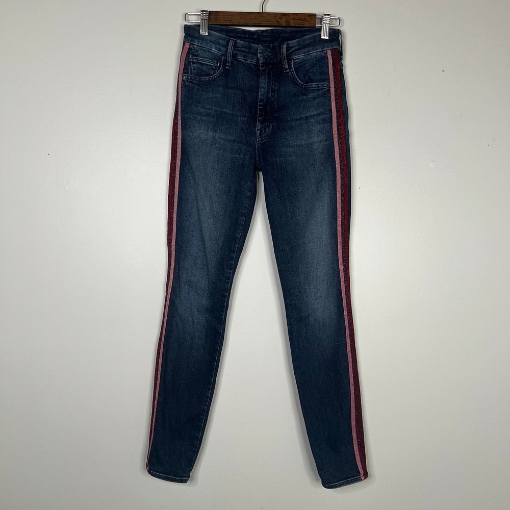 Mother High Waisted Looker Jeans in Here Kitty, Kitty Glitter Racer Stripe Sz 26